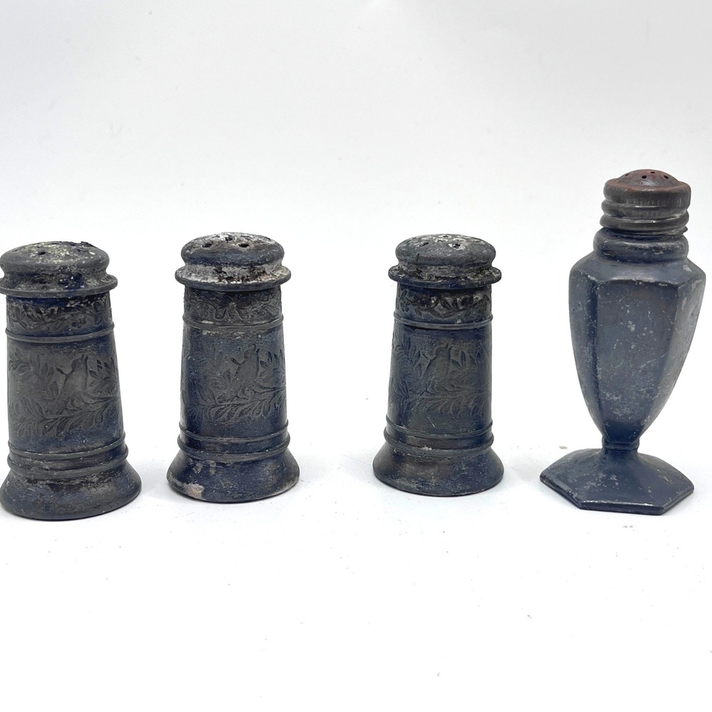 Antique Pewter Salt Pepper Shakers Mixed Set of 4 Bird Motif Footed Primitive